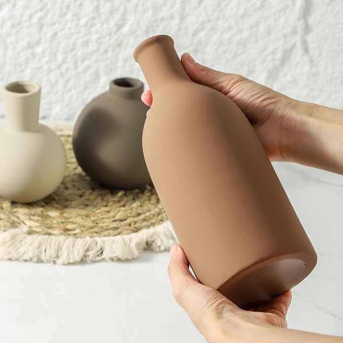 Vase Set of 3 | Ceramic Neutral Vases Home Decor | Rustic Flower Pottery Vases Modern Farmhouse Vase for Table Entryway Mantel Centerpiece Bookshelf Living Room Bathroom Bedroom -Brown Large - Image 3