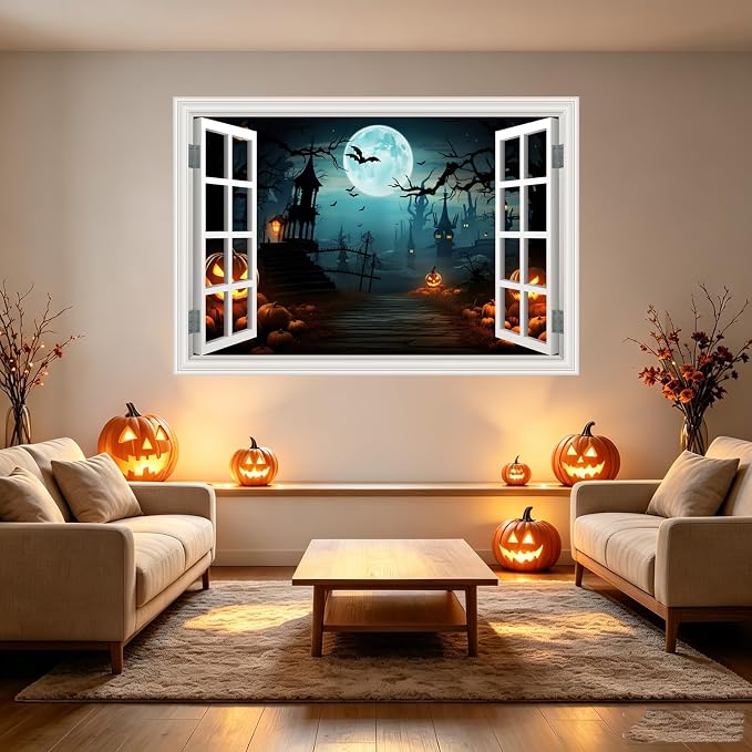 Halloween Decorations Decal Scary Fake Window Halloween Party Decor Sticker | ｜Full Moon Night View Terror Castle Pumpkin Bat Spooky Wall Art Poster Mural ｜ Peel and Stick Decals｜48"x32",Set of 2 Sheets - Image 5