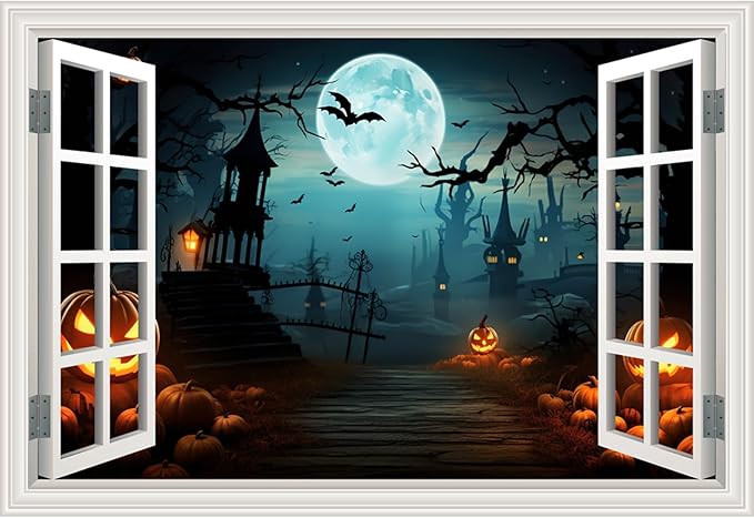 Halloween Decorations Decal Scary Fake Window Halloween Party Decor Sticker | ｜Full Moon Night View Terror Castle Pumpkin Bat Spooky Wall Art Poster Mural ｜ Peel and Stick Decals｜48"x32",Set of 2 Sheets by Clickhere