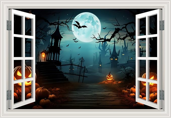 Halloween Decorations Decal Scary Fake Window Halloween Party Decor Sticker | ｜Faux Window Full Moon Night View Terror Castle Pumpkin Bat Spooky Wall Art Poster Mural ｜ Peel and Stick Decals｜16"x24" ﻿ by Clickhere