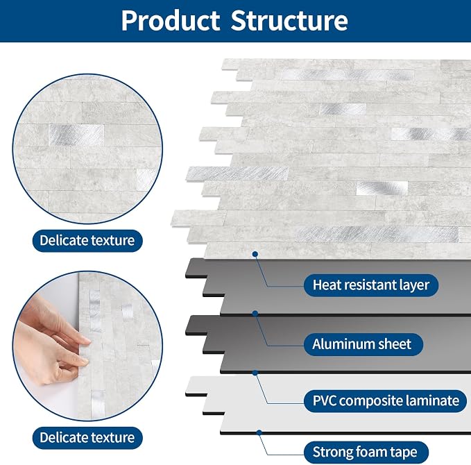 10 - Sheet Peel and Stick Backsplash Wall Tile, PVC Kitchen Backsplash, Stick on Tiles for Backsplash Kitchen (12'' X 12'', White Gray) - Image 7