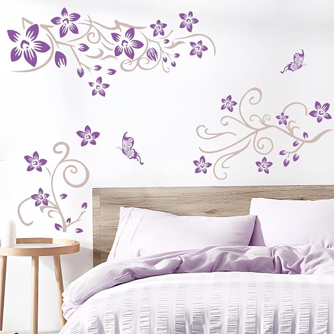 Supzone Flowers Vine Wall Decals - Purple Flowers Stickers With Butterflies, Removable Vinyl DIY Home Art for Bedroom, Living Room, Sofa Backdrop, TV Decoration - Image 4