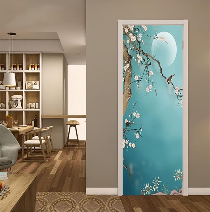 artfanke 3D Door Sticker Peel and Stick 30.3"x78.7"-Self-Adhesive Door Wallpaper Murals Poster - Hand-Painted Plum Bird Wall Decal for Bedroom Decor (2 Sheets/Set) - Image 3