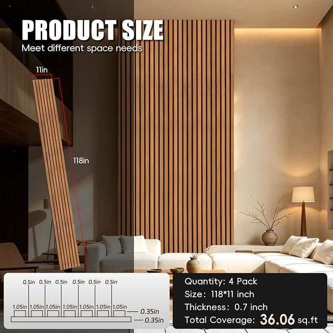 RITOLLO Wood Panels for Wall, 4 Pack Wood Slat Acoustic Panels, 118 x 11 in 3D Fluted Sound Absorbing Panels for Interior Wall Decor, Accent Wall for Living Room, Bedroom, Home Office (Teak) - Image 2