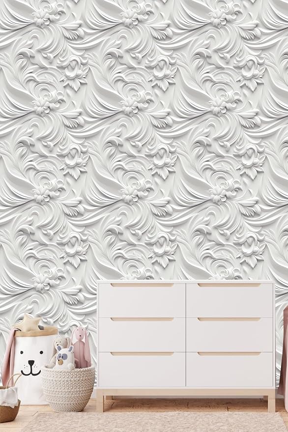 Peel and Stick Wallpaper White Gray Scroll Floral Accent - Image 2