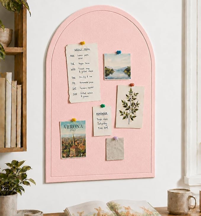 Large Arched Felt Bulletin Board, Sized 36" x 24" for Office & Wall Decor – 6 Customizable Adhesive Tiles with Pins are Perfect to Display Your Photos (Pink-B) by Unknown