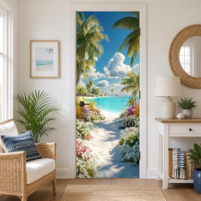 Tropical Beach Door Mural, Palm Tree Ocean Door Cover | Waterproof PVC, 30.3" W x 78.7" L; tropical beach scene for bedroom, entryway, office or closet doors. by Cmialusie