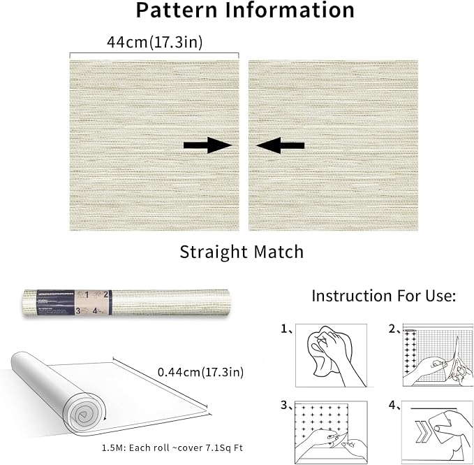Simon&Siff Cream Textured Grasscloth Peel and Stick Wallpaper 17.7"x197" Neutral Faux Grassweave Wallpaper Waterproof Self Adhesive Removable Wallpaper Mural for Home Decor Bedroom Kitchen Cabinet - Image 8