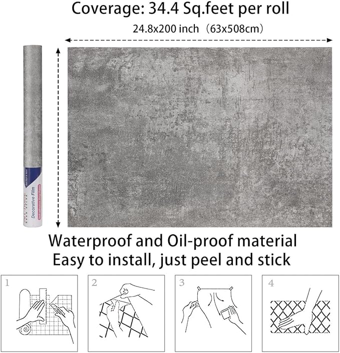 Arthome Concrete Gray Peel and Stick Wallpaper 24.8"x200" | Covers 34.4 sq ft,Decorative Vinyl Film for Countertop,Cabinets,Shelf,Drawer Liner,Easy to Clean Removable Wall Covering - Image 6
