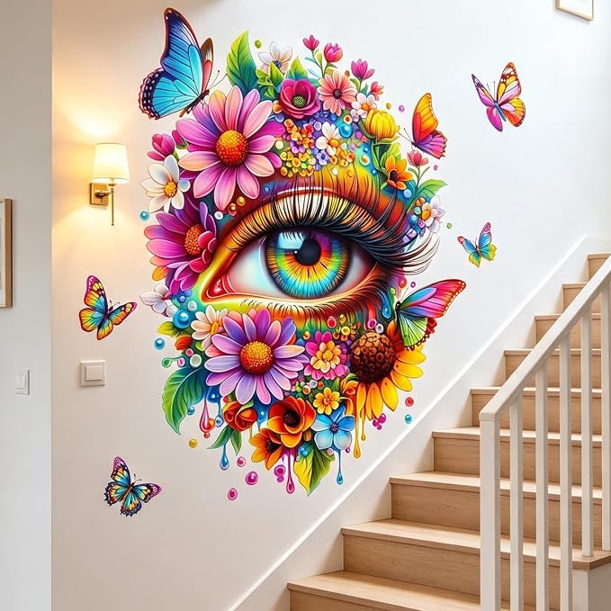 Floral Flower Eye Wall Decals, Trippy Boho Butterfly Wall Stickers | Aesthetic indie flowers butterfly peel and stick wall decor, removable vinyl wall art mural for bedroom living room - Image 5