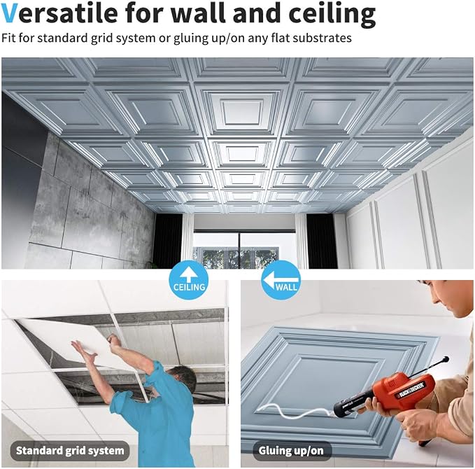 Art3d Decorative 3D Wall Panels 24" x 24", Square Gray Ceiling Tiles, Wall Panels for Home, Office, Coffee Shop,12 Pack - Image 6