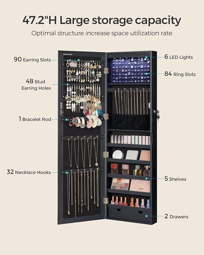 SONGMICS 6 LEDs Mirror Jewelry Cabinet, 47.2-Inch Tall, Lockable - Image 5