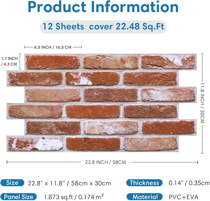 COMSTICKC 3D Faux Brick Wall Panels Peel and Stick, 12 Pcs 22.8" x 11.8" | Not Real Brick, Ultra-Light Thin PVC Wall Sticker, 3D Fake Brick Tiles Wall Covering for Interior Decor, Cover 22.48 sq ft - Image 5