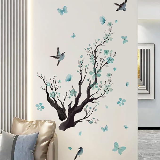 Watercolor Blue Flower Wall Stickers,Removable DIY Romantic Blossom Bird Tree Branch Wall Murals 3D Wall Art Stickers Home Decor for Gilrs Bedroom Nursery Rooms Living Room - Image 7