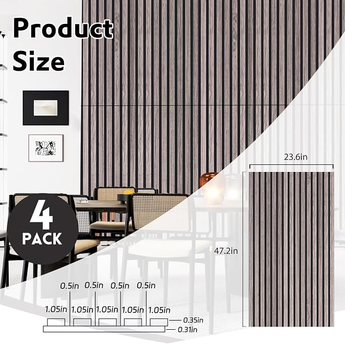 4 Pack Wood Panels for Wall, 47.2"×23.6" Wood Slat Acoustic Panels for Wall, Soundproof Panels, 3D Fluted Panels for Interior Decor (Grey) - Image 2