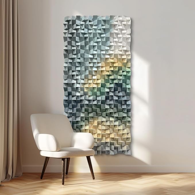 LIUZEYUE Faceted Geometric Mosaic, Dimensional Wood Wall Art, Wooden Decor | wood wall decor; muted green and sand, light-responsive relief; hotel guest suite statement wall; 27.6 x 55.1 in by Unknown