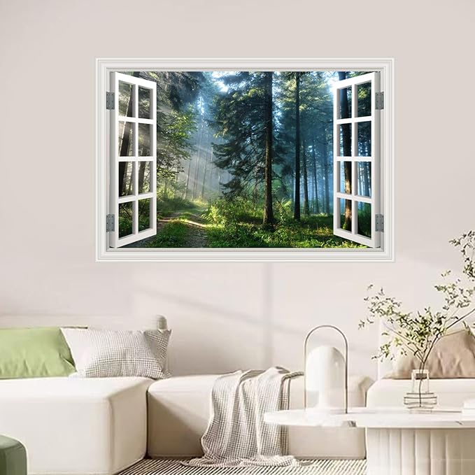 Fake Window Poster Wall Decal - Morning Forest Faux Window Wall Mural Prints for Wall Decor, Peel and Stick Wall Sticker 48" x 32" Set of 2 Sheets - Image 4