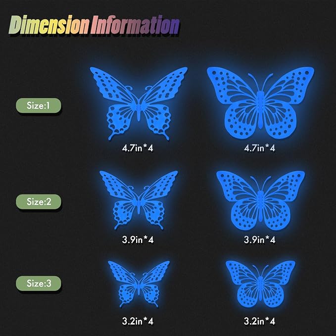 SAOROPEB Glow in The Dark 3D Butterfly 24 Pcs Blue Butterfly Stickers | 3 Sizes, Luminous for Ceiling or Wall, Glow in The Dark Party Supplies, Removable Luminous Stickers for Kids Babys Nursery - Image 7