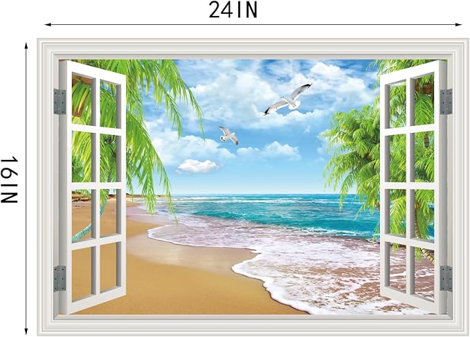 Fake Window Wall Mural Beach Palm Tree Art Poster Faux Window Wall Sticker for Office Home Room Decor, Peel and Stick Wall Decals 24" x 16" - Image 6