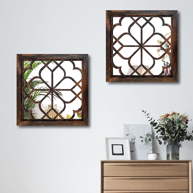 Wocred 20inch 2 PCS Square Wall Mirror,Gorgeous Rustic Farmhouse Accent Mirror, Caramel Color Entry Mirror for Bathroom Renovation,Bedrooms,Living Rooms and More. - Image 6