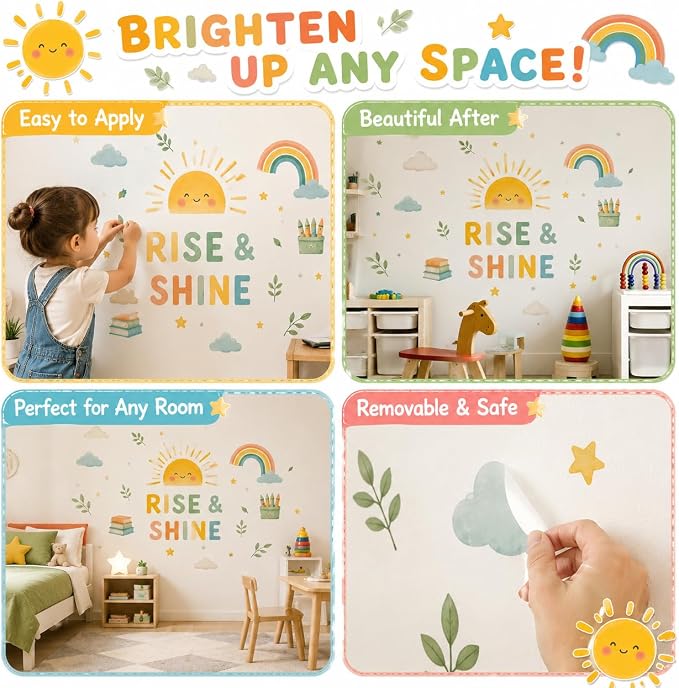 Boho Sun Wall Decal Watercolor Modern Half Sun Wall Decal Sun Rainbow Cloud Wall Stickers Vinyl Sticker for Classroom Playroom Bedroom Wall Decor - Image 6