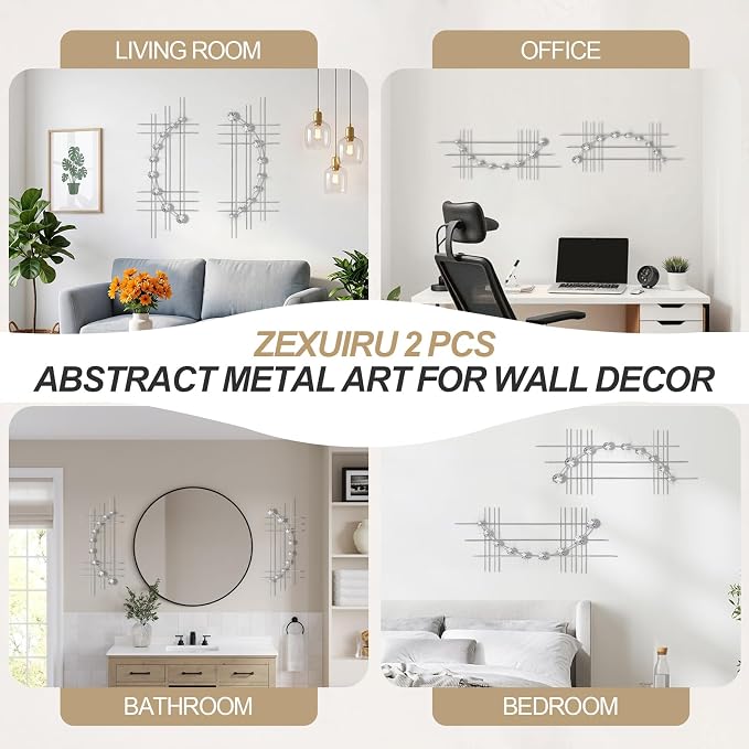 ZEXUIRU 2 Pcs Abstract Metal Art for Wall Decor Living Room Bedroom Bathroom Office Metal Bling Modern Geometric Hanging Vertical Small Iron Sculpture Plaque Pack -Silver 24in - Image 6