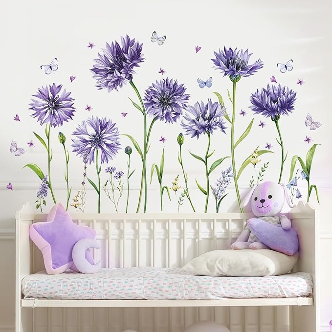 Purple Flower Wall Sticker Peel and Stick Floral Butterfly Wall Decals | Purple Wall Decal DIY Removable Daisy Flower Sticker Big Flower Wall Art Mural for Bedroom Waterproof Self-adhesive Wallpaper - Image 2