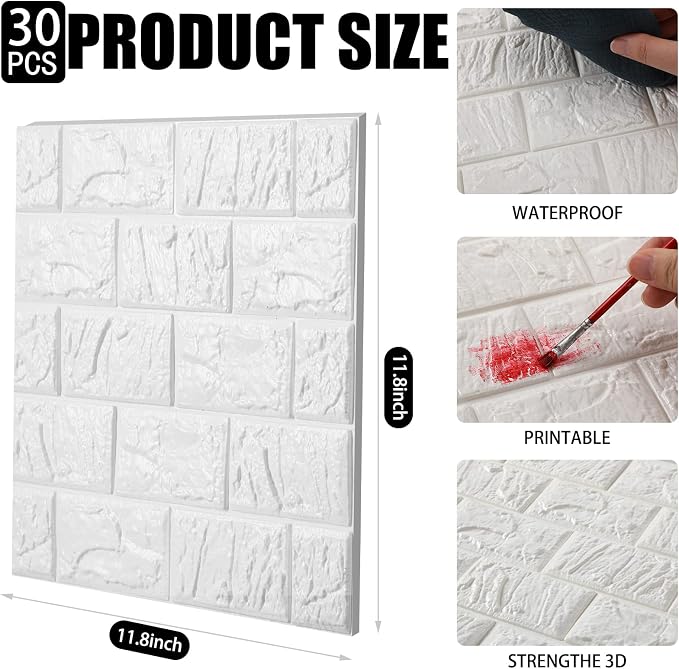 Tinlade 30 Pcs 3D Wall Panels Peel and Stick Wallpaper Foam, White | Faux Brick Stone Tiles, Covering 28.8-48.4 Sq ft, Self Adhesive Waterproof Panels for Bedroom Living Room Kitchen Walls - Image 2