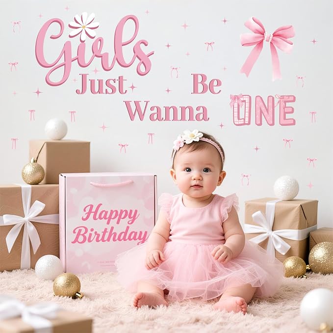 LHIUEM Pink Girls Just Wanna Be One First Birthday Decals Pink Bow Knot 1st Birthday Party Stickers for Girl Gift Birth Theme Girls Just Wanna Be One wall Decal Banner for Arch Baby Shower Backdrop - Image 4