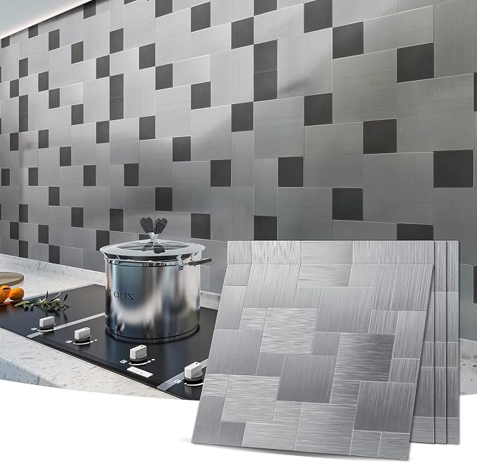 Art3d Metal Peel and Stick Backsplash Tile, 10-Pack, Brushed Silver | Stainless Steel, Self Adhesive, Waterproof, Durable, Seamless Splicing, Ideal for Kitchens, Bathrooms - Image 2