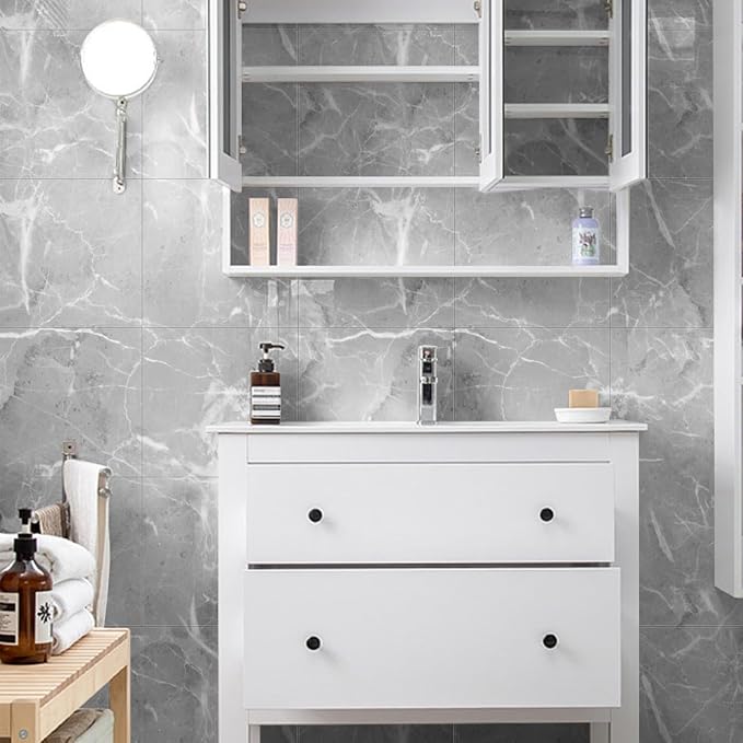Chejiaye Shower Wall Panels Peel and Stick,Marble Wall Panels for Interior Decor,Backsplash Tile for Kitchen Showers Bathrooms Living Rooms 11.8"x11.8"in 10Pcs, Grey (Not Real Tile,9.7 Sq.ft) - Image 3