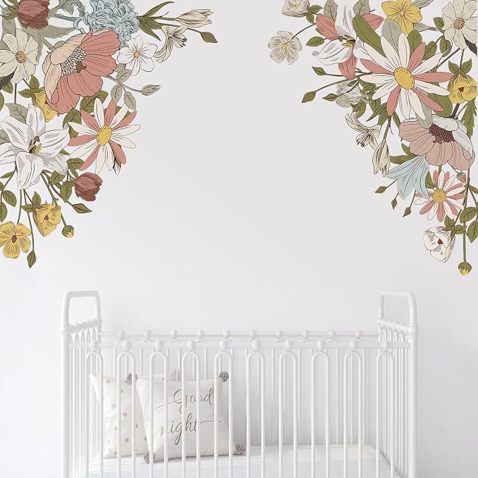 Large Pink Flowers Wall Decals, Colorful Floral Botanic Wall Stickers, Spring Peel and Stick Wallpaper for Girls Bedroom Nursery Classroom Living Room Wall Decor by Kasubeso