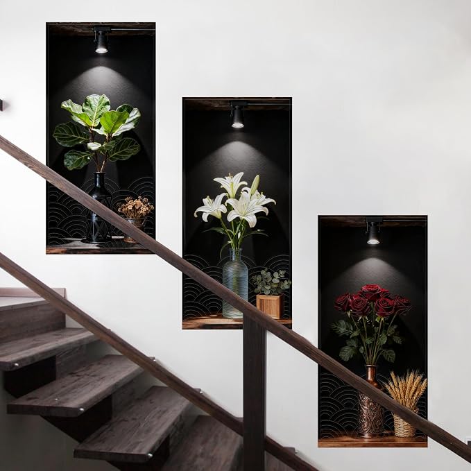 Dark Botanical Style Triptych Wall Stickers, 3 Sheets Floral Wall Decals with Lily Rose and Fiddle Leaf Fig on Shadowed Background, Peel and Stick Wall Murals Decor for Bedroom Living Room by TuitagerL