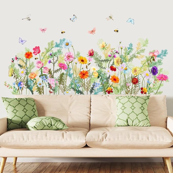 Wildflower Wall Decals, Colorful Floral with Butterflies, Bees and Dragonflies, Peel and Stick Removable Vinyl Stickers for Bedroom Living Room, 49.2x25.5in, 2 Sheets - Image 3
