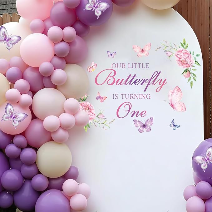 LHIUEM Butterfly First Birthday Decals Purple Our Little Butterfly is Turning One Inspiration Wall Signs Pink Floral Baby Girl Fairy Happy Birthday Party Stickers Supplies for Balloon Arch Background by LHIUEM