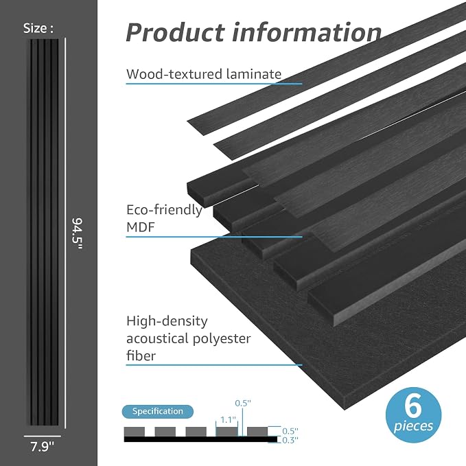 Art3d 6-Pack Soundproof Wood Slat Wall Panel, 94.5 x 7.9 in, Matte Black | Wood Grain Finish, Effortless Setup, Sustainable, Long-Lasting, Noise Reduction, Easy Care, for Living Room, Bedroom, Office - Image 4