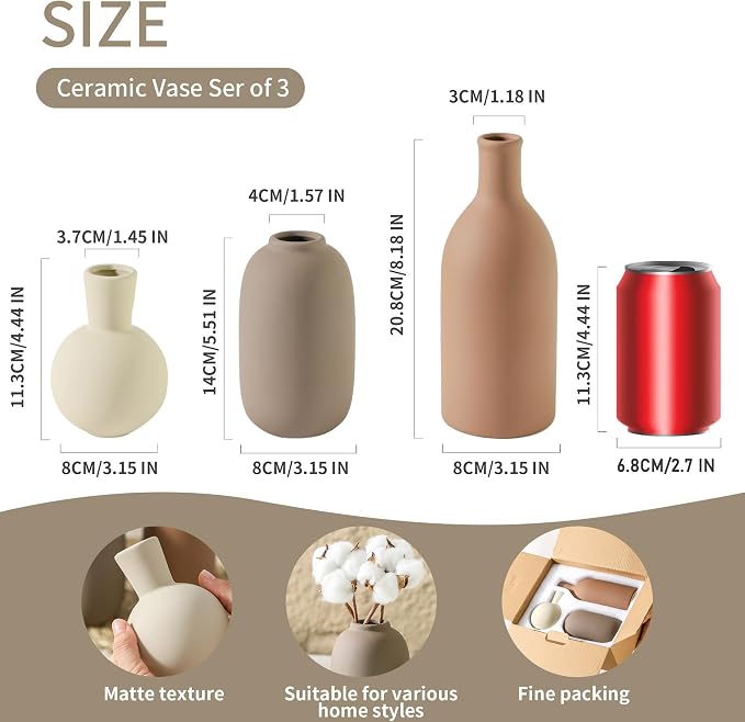 Ceramic Vases Set of 3, Modern Neutral Rustic Farmhouse Home Decor Pottery Pampas Decoration for Living Room, Table, Bathroom, Bedroom, Entryway - Brown - Image 3