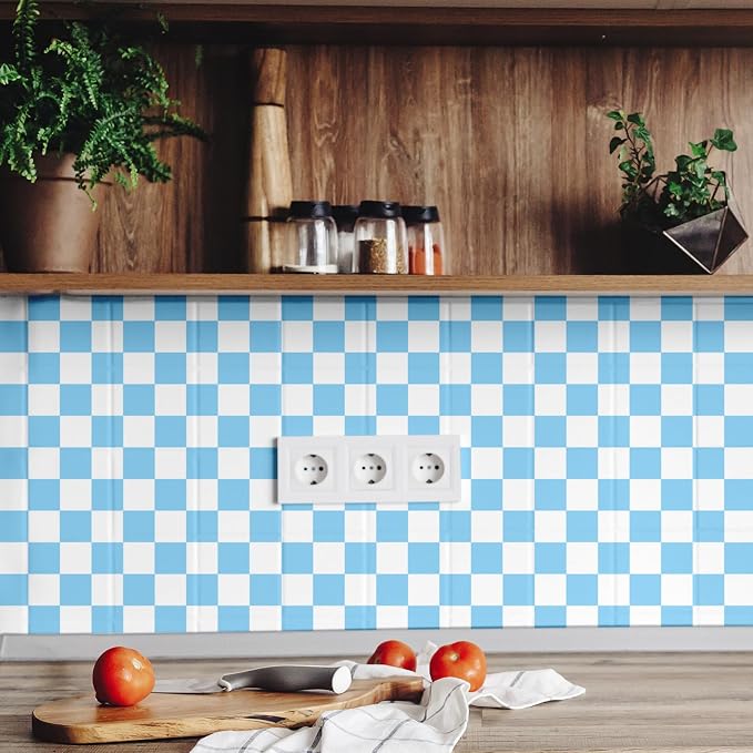 Drydiet Checkered Peel Stick Contact Paper Blue Gray 15.75'' X 118" | Waterproof Self-adhesive Tile for Bathroom, Cabinet Walls, Vintage Gingham Funky Decor, Removable Peel off Wallpaper - Image 5