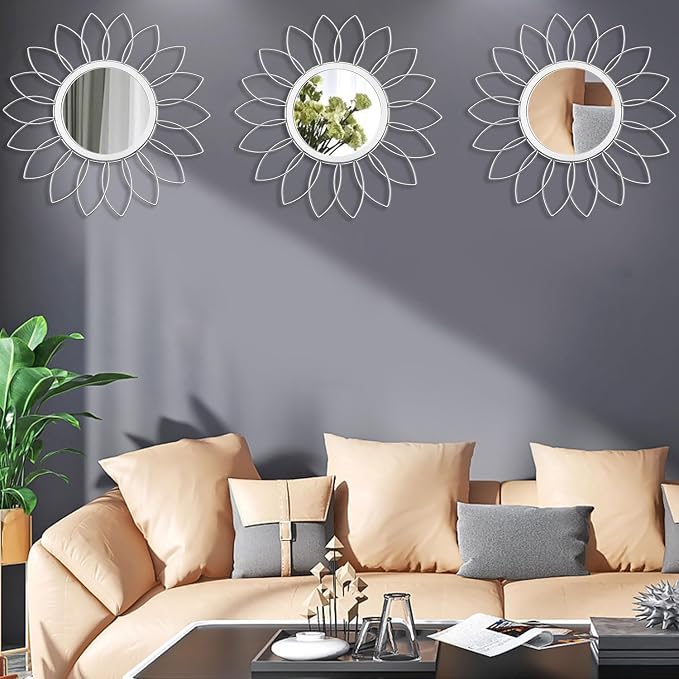 3 Pack Metal Mirrors for Wall Sunburst Wall Mirrors Home Décor Decorative Hanging Wall Art for Living Room Bedroom Entryway (Silver, Flowers) - Image 2