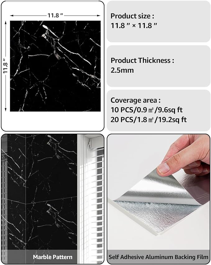 WADILE 20PC Waterproof Peel and Stick Wall Panels 11.8 x 11.8 Black | Marble look, Self adhesive, PVC Panels, Lightweight Foam Wall Panels, Bathroom, Kitchen, Not Real Tile - Image 2