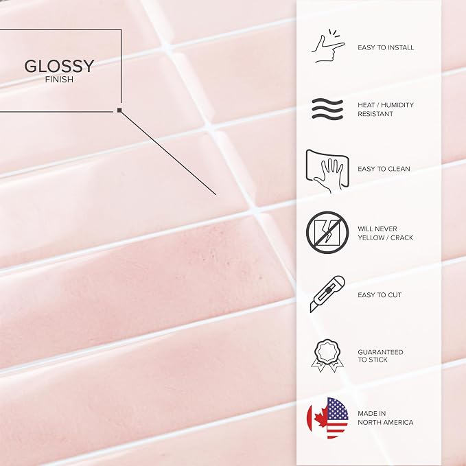 Smart Tiles Peel and Stick backsplash, Stacked Powder Pink, 11.43"x9" | Pack of 5 (3.5 sq ft), Glossy, Heat/Moisture Resistant, Low VOC, Kitchen/Bathroom, Renter Friendly, Made in Canada - Image 5