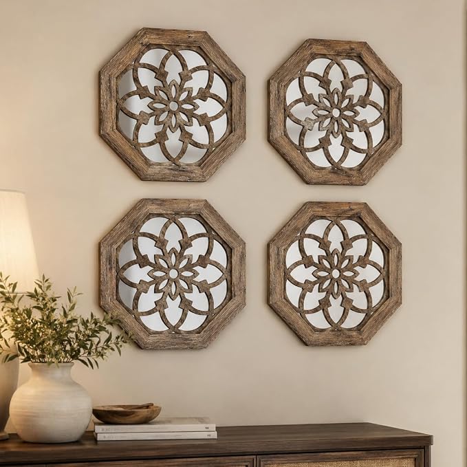 4 Pack 12 Inch Octagon Maroon Rustic Wood Frame Acrylic Wall Mirrors, Farmhouse Boho Wall Art Decor for Living Room, Bedroom, Hallway, Entryway, Bathroom & Office by HMANGE