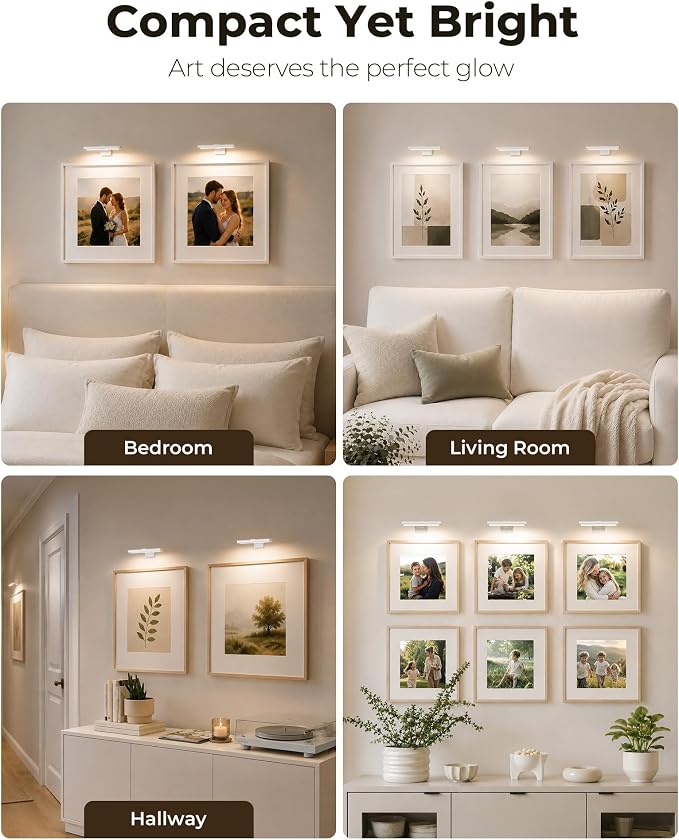EZVALO Picture Light for Wall, Rechargeable 2400mAh Lights Wireless with IR Remote, 3 Color & Dimmable Magnetic 7.87'' LED Lights Display for Painting, Living Room, Gallery, Bedroom Art(White-2P) - Image 5