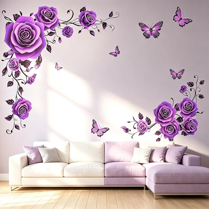 Purple Flower Floral Wall Decals, Butterflies Rose Vines Wall Stickers | Vibrant peel and stick wall decor, removable self‑adhesive vinyl DIY wall art for bedroom living room home wall decoration by VePret