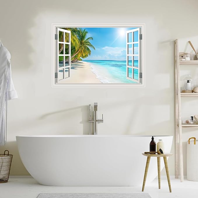 Fake Window Wall Decal- Summer Beach Ocean Tropical Coconut Tree Art Mural | Faux Window Natural Scenery Landscape Sticker｜ Stick and Peel Wall Decals｜Room Bedroom Office Decor｜48"x32",Set of 2 Sheets - Image 6