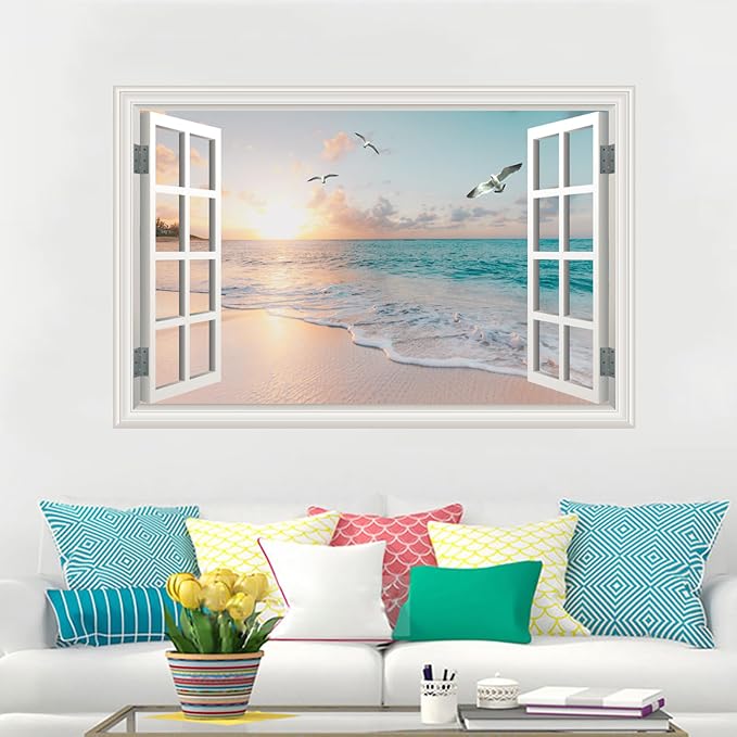 Fake Window Wall Mural Sticker -Summer Sunset Beach Open Wall Art Decal | Faux Window Natural Scenery Landscape Decorations｜Stick and Peel Wall Decals｜Room Bedroom Office Decor｜48"x32"Set of 2 Sheets - Image 3