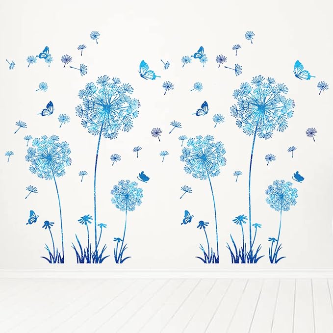 Arawat 2 Set Dandelion Wall Decals - Blue Flower Stickers, Murals, Butterflies Decor for Bedroom, Office, Bathroom, Living Room - Floral Removable Peel and Stick Room Decoration - Image 4