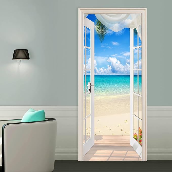 artfanke 3D Door Sticker Peel and Stick 33.5"x84.6"- Self-Adhesive Door Murals Poster Wallpaper - Seascape Wall Decals for Home Decor (2 Sheets/Set) - Image 5