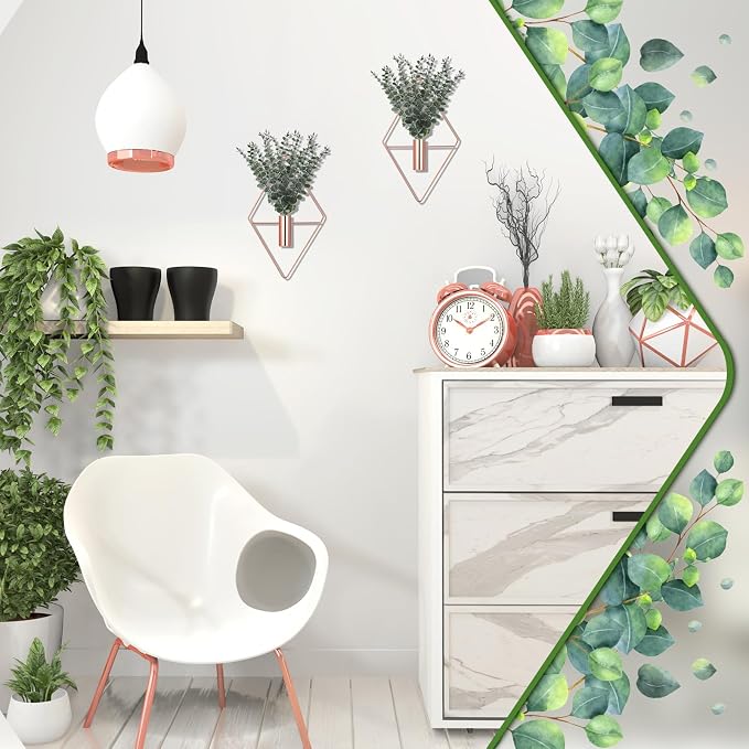 Jexine 8 Pcs Hanging Artificial Planters Wall Decor, Rose Gold, Eucalyptus | Bathroom Wall Decor, Geometric Metal Vase, Indoor Plants, Living Room, Home Office, Entryway, Boho Accent, Wall Mounted - Image 6