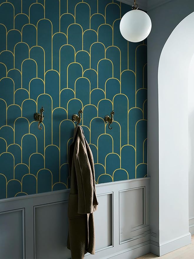 Yasinet Peel and Stick Wallpaper Green and Gold Wallpaper Modern Dark Green Contact Paper Gold Geometric Removable Self Adhesive Wall Paper for Bedroom/Cabinet Waterproof Bathroom Vinyl 393.7" x 17.3" - Image 6